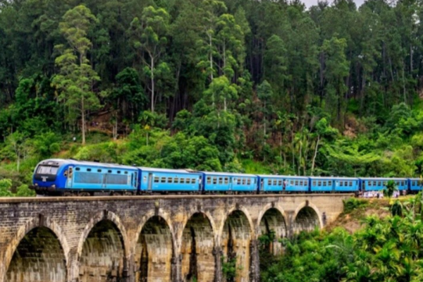 Blue passenger train crossing a stone arched viaduct surrounded by lush green forest and hills.