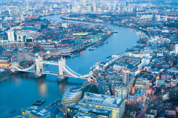 An aerial view of Tower Bridge in London