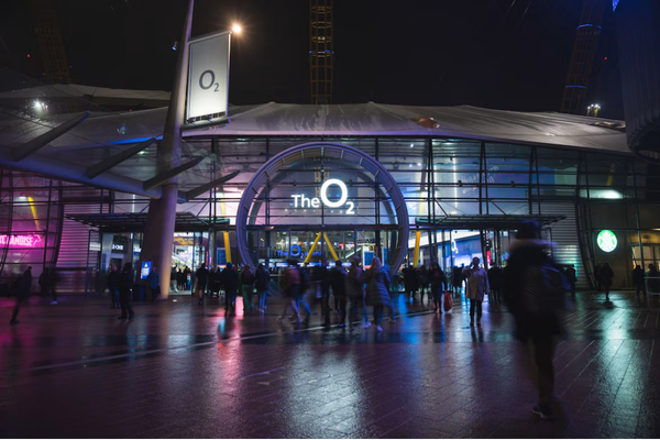 View of the outside of the O2 arena at night