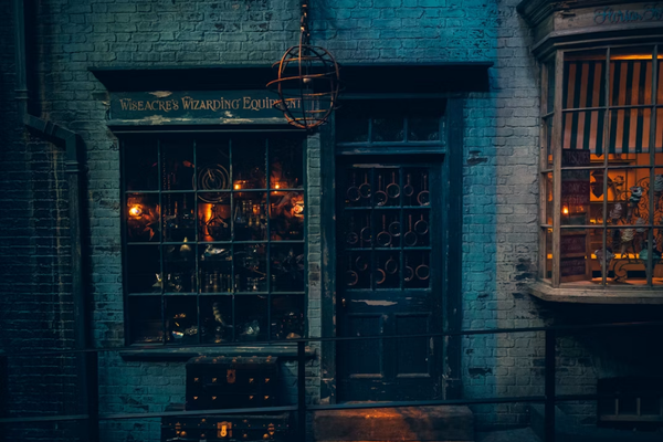 A dimly lit wizard-themed shopfront with glowing objects displayed behind barred windows.